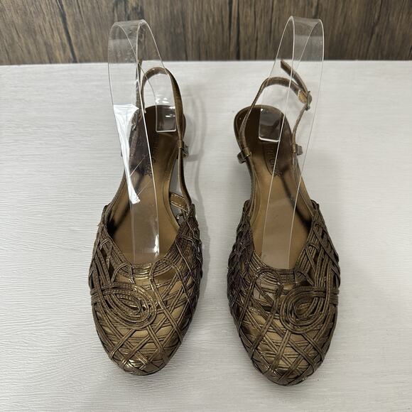 Coldwater Creek Shoes Women 7.5 Gold Bronze Metallic Woven Slingback Kitten Heel - Picture 2 of 12